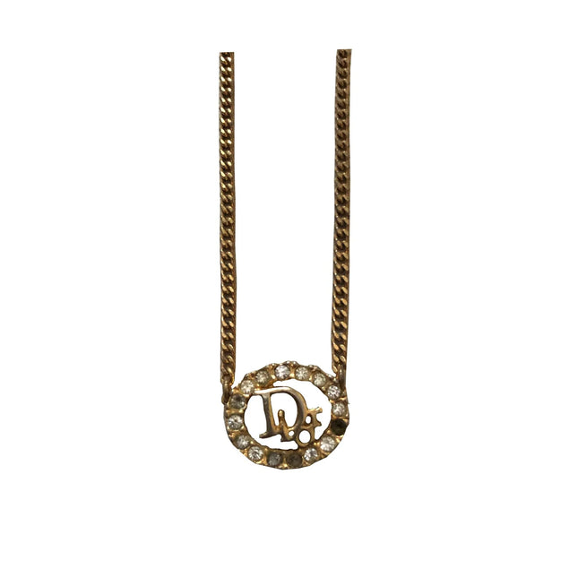 Christian Dior gold chain link necklace with Dior pendant crystal surround