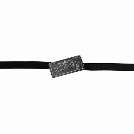 Christian Dior black ribbon choker with silver license plate Montaigne Cadillac pendant