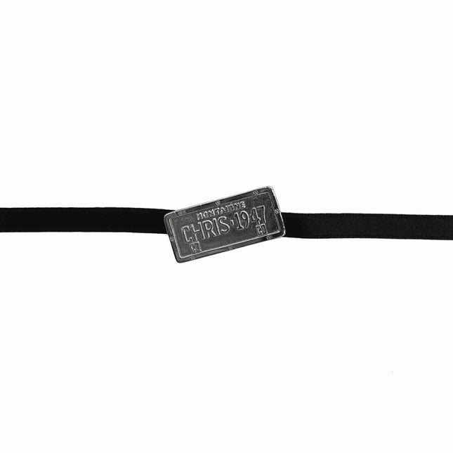 Christian Dior black ribbon choker with silver license plate Montaigne Cadillac pendant