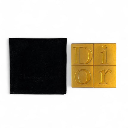 Christian Dior square shaped gold metal compact mirror with Dior logo letters on front slides open at middle