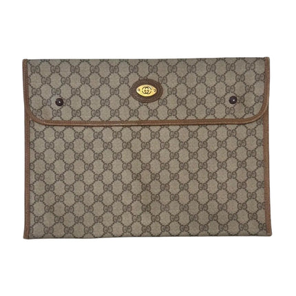 Vintage Gucci Document Holder with GG monogram, beige canvas with brown leather and gold oval Gucci GG logo on upper center