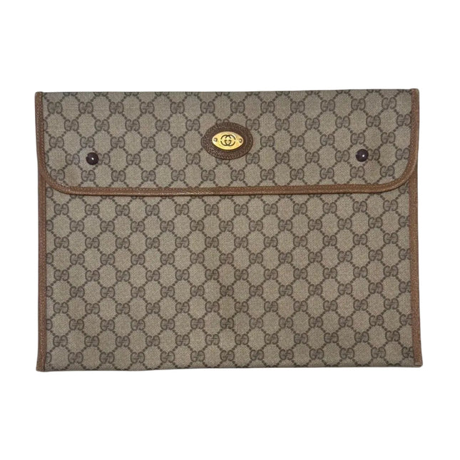 Vintage Gucci Document Holder with GG monogram, beige canvas with brown leather and gold oval Gucci GG logo on upper center