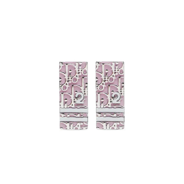 Clip on Dior trotter earrings with Dior monogram the number 2 and 2 stripes across earrings in pink and white enamel inlay